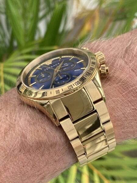 Versace Classic Chronograph Quartz Blue Dial Gold Steel Strap Watch For Men - VEV700619