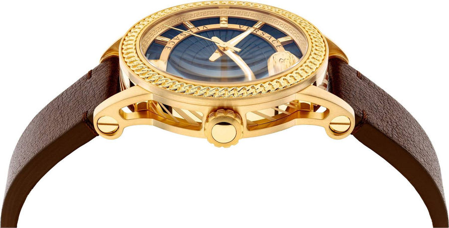 Versace Code Quartz Blue Dial Brown Leather Strap Watch For Men - VEPO00220