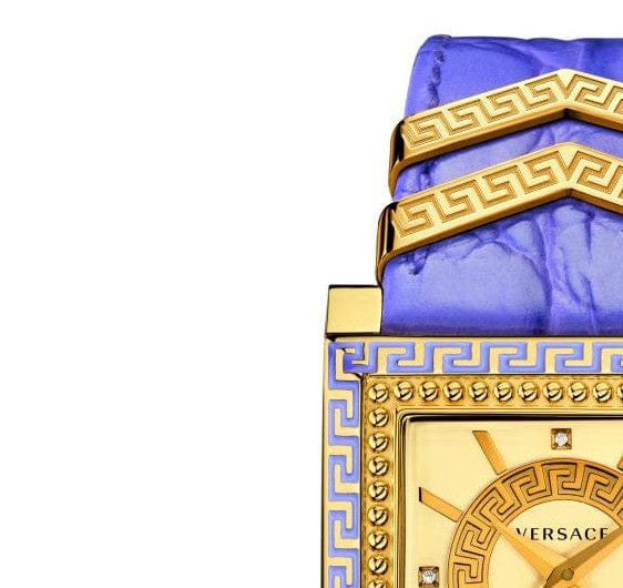 Versace Day Glam Chronograph Gold Dial Purple Leather Strap Watch for Women - VQF040015