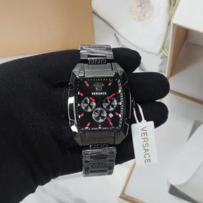 Versace Dominus Chronograph Quartz Black Dial Black Steel Strap Watch For Men - VE6H00623