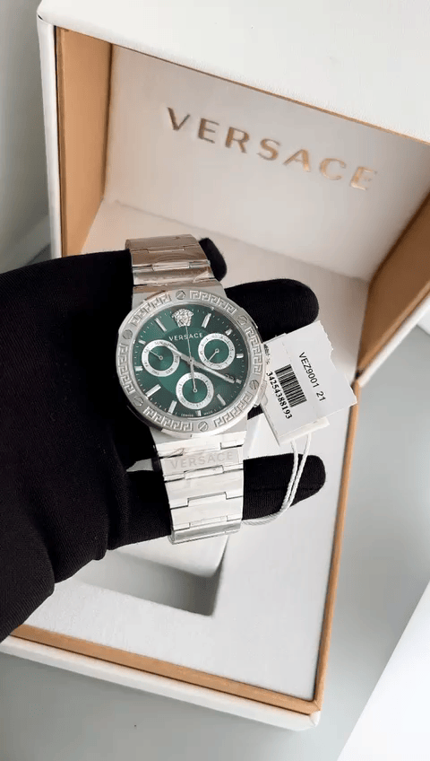 Versace Grace Chronograph Quartz Green Dial Silver Steel Strap Watch For Men - VEZ900121