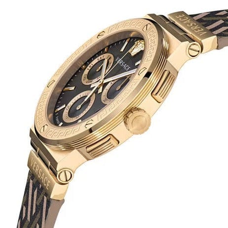 Versace Greca Chronograph Black Dial Brown Leather Strap Watch For Men - VEZ900621