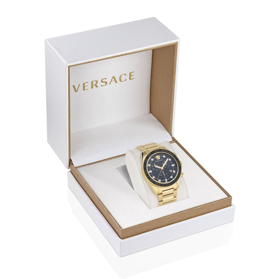 Versace Greca Dome Chronograph Black Dial Gold Steel Strap Watch for Men - VE6K00523