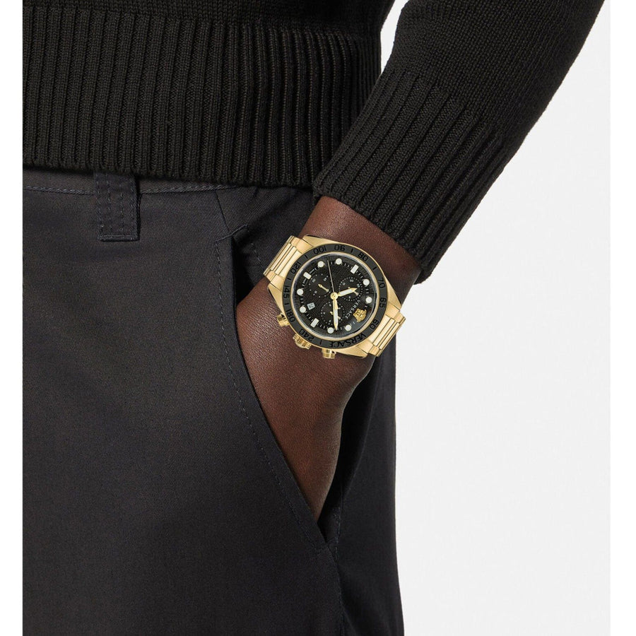 Versace Greca Dome Chronograph Black Dial Gold Steel Strap Watch for Men - VE6K00523