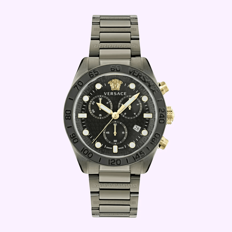 Versace Greca Dome Chronograph Black Dial Grey Steel Strap Watch for Men - VE6K00623