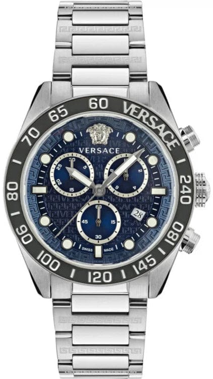 Versace Greca Dome Chronograph Blue Dial Silver Steel Strap Watch for Men - VE6K00323