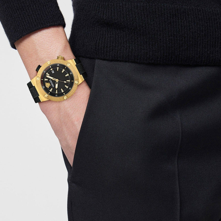 Versace Greca Logo Diver Quartz Black Dial Black Rubber Strap Watch for Men - VE8G00324
