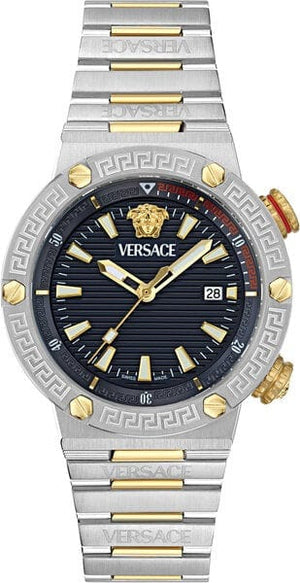 Versace Greca Logo Diver Quartz Black Dial Two Tone Steel Strap Watch for Men - VE8G00424