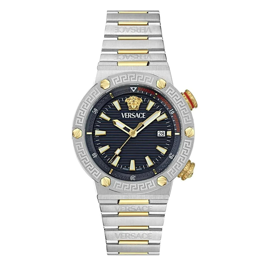 Versace Greca Logo Diver Quartz Black Dial Two Tone Steel Strap Watch for Men - VE8G00424