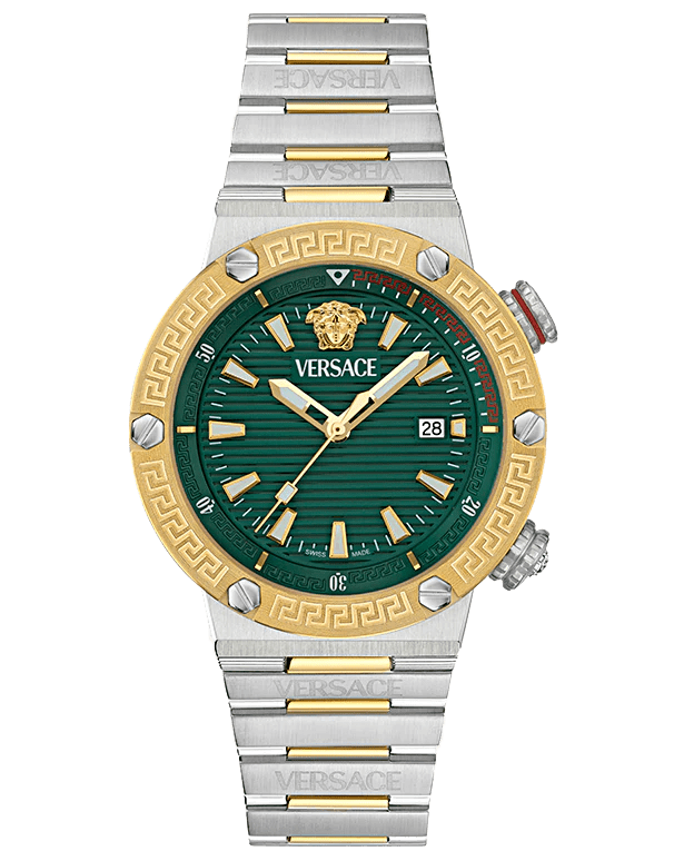 Versace Greca Logo Diver Quartz Green Dial Two Tone Steel Strap Watch for Men - VE8G00524