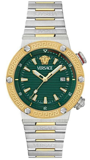 Versace Greca Logo Diver Quartz Green Dial Two Tone Steel Strap Watch for Men - VE8G00524
