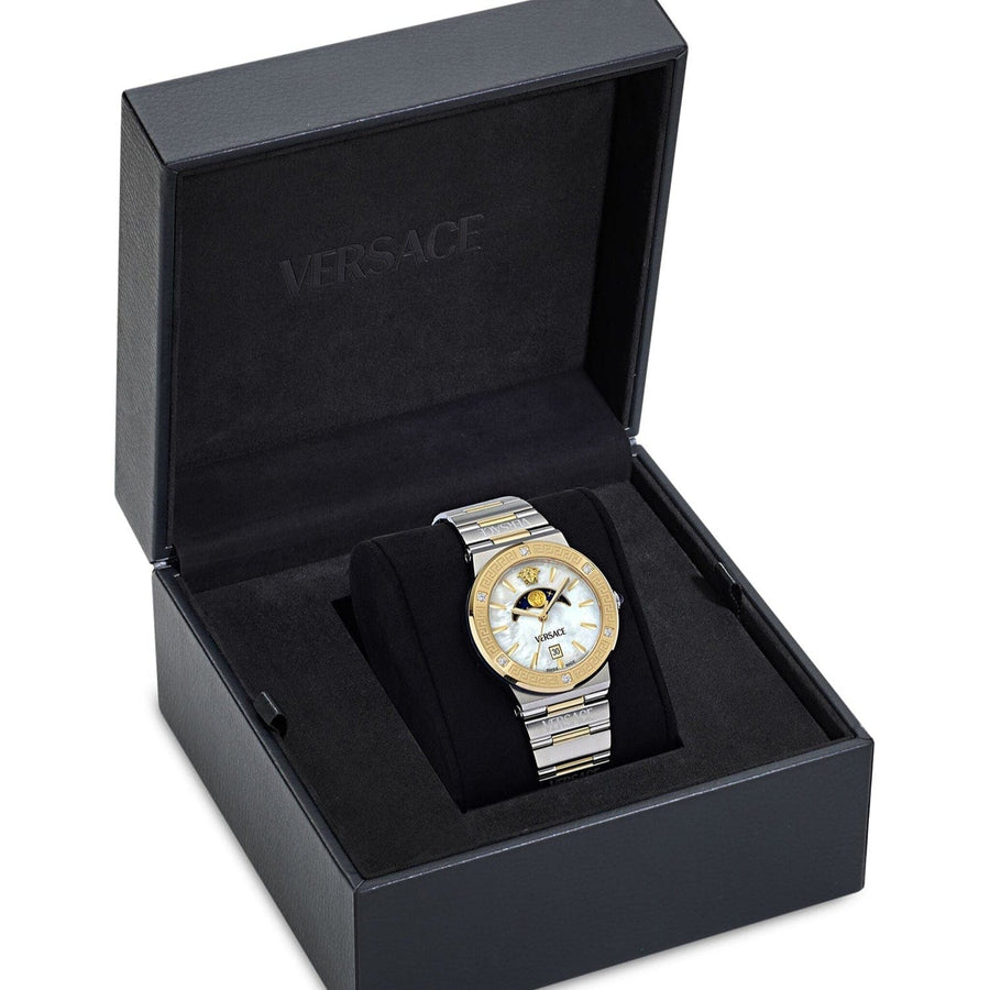 Versace Greca Logo Moonphase Mother of Pearl Dial Two Tone Steel Strap Watch for Women - VE7G00524