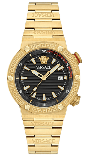 Versace Greca Logo Quartz Black Dial Gold Steel Strap Watch for Men - VE8G00624