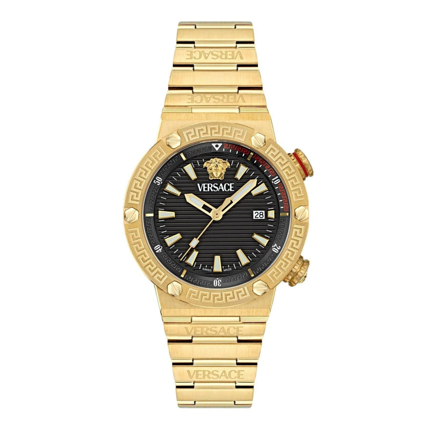 Versace Greca Logo Quartz Black Dial Gold Steel Strap Watch for Men - VE8G00624