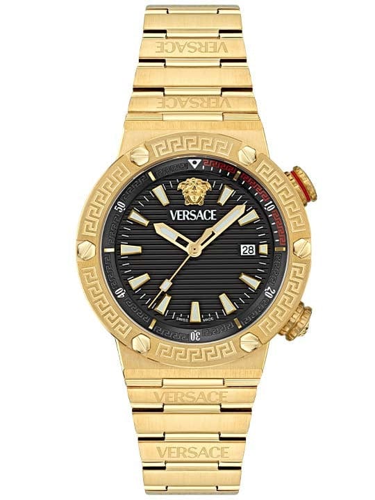 Versace Greca Logo Quartz Black Dial Gold Steel Strap Watch for Men - VE8G00624