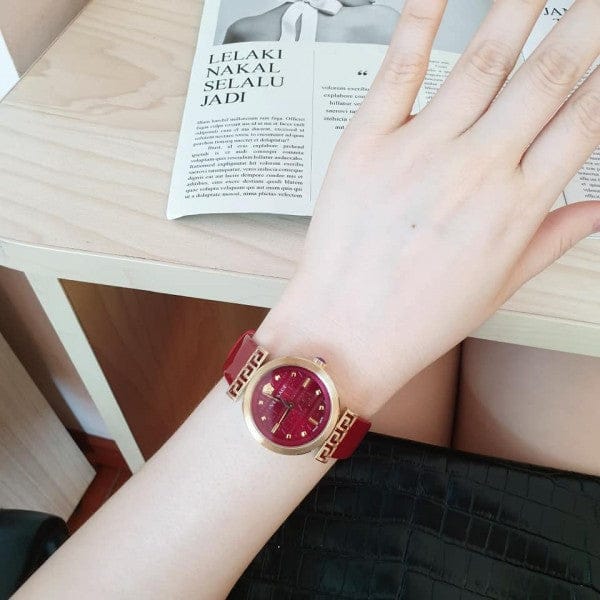 Versace Greca Meander Red Dial Red Leather Strap Watch for Women - VELW00320