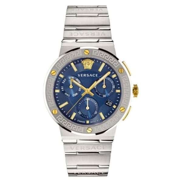 Versace Greca Quartz Blue Dial Silver Steel Strap Watch For Men - VEZ900221