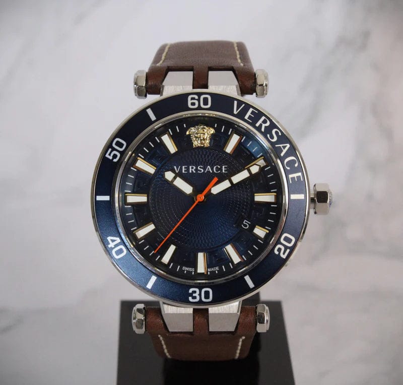 Versace Greca Sport Analog Blue Dial Brown Leather Strap Watch For Men - VEZ300121