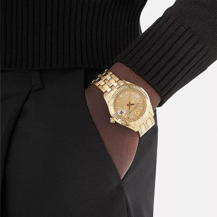 Versace Greca Time Quartz Gold Dial Gold Steel Strap Watch For Men - VE3K00522