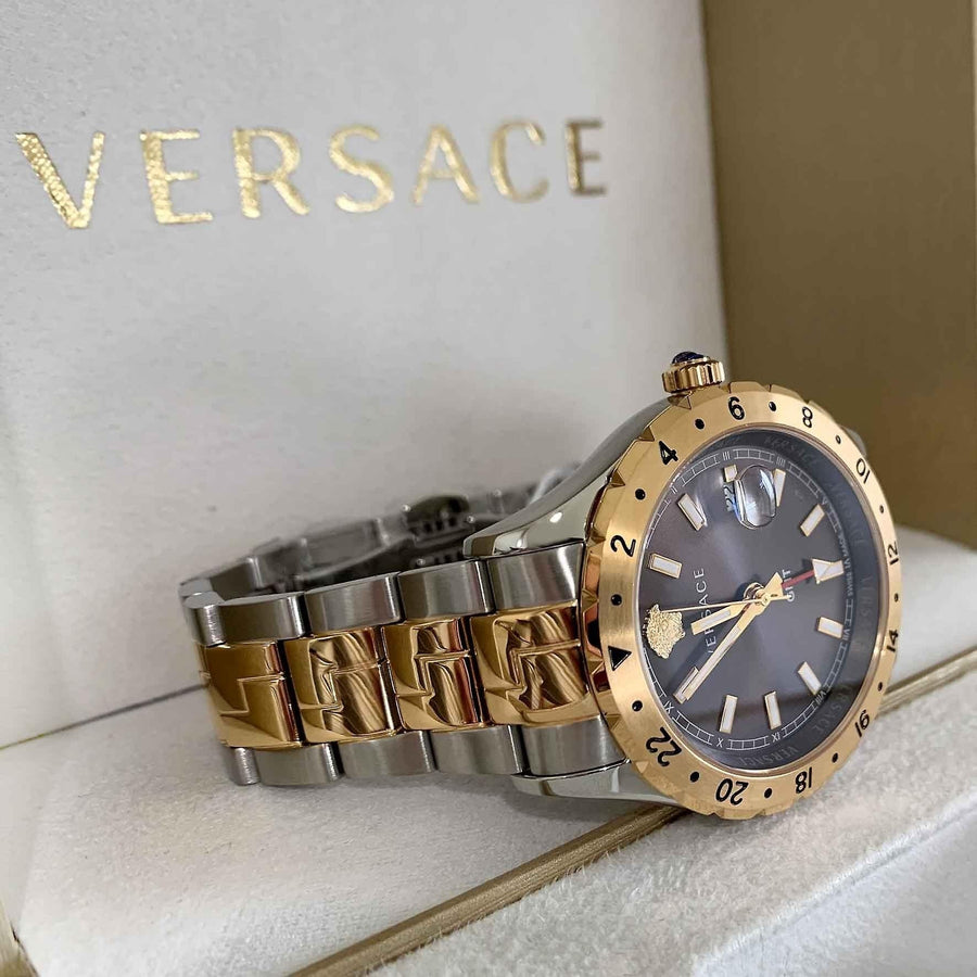Versace Hellenyium GMT Black Dial Two Tone Steel Strap Watch for Men - V11040015