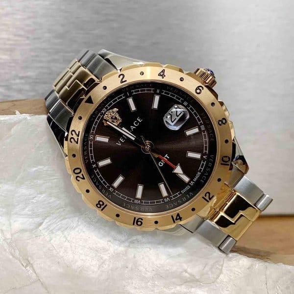 Versace Hellenyium GMT Black Dial Two Tone Steel Strap Watch for Men - V11040015