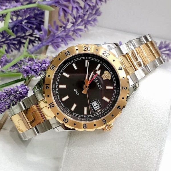 Versace Hellenyium GMT Black Dial Two Tone Steel Strap Watch for Men - V11040015