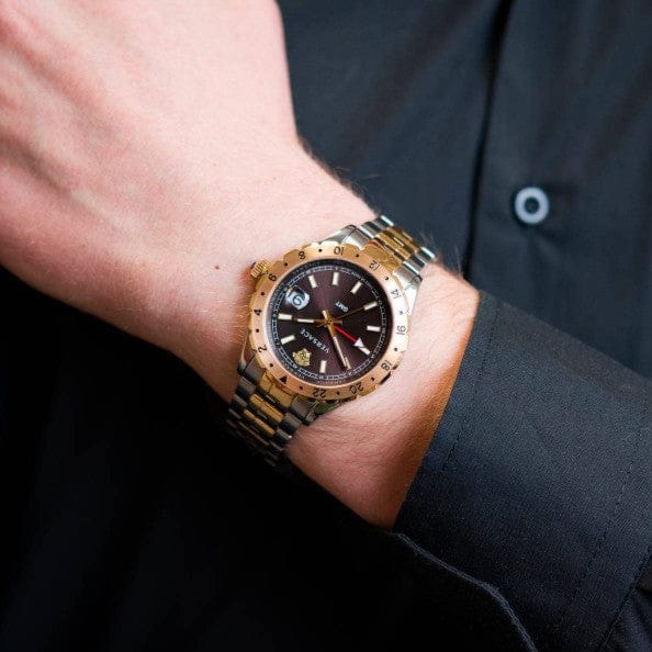Versace Hellenyium GMT Black Dial Two Tone Steel Strap Watch for Men - V11040015