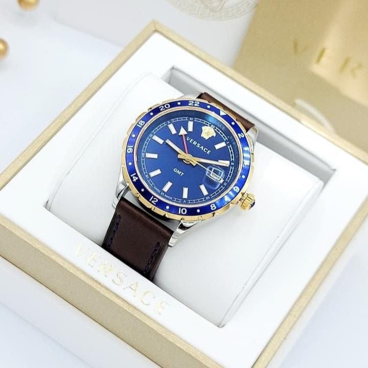Versace Hellenyium GMT Blue Dial Brown Leather Strap Watch for Men - V11080017