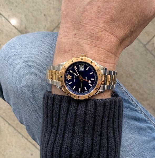 Versace Hellenyium GMT Blue Dial Two Tone Steel Strap Watch for Men - V11060017