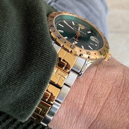 Versace Hellenyium GMT Green Dial Two Tone Steel Strap Watch for Men - V11050015