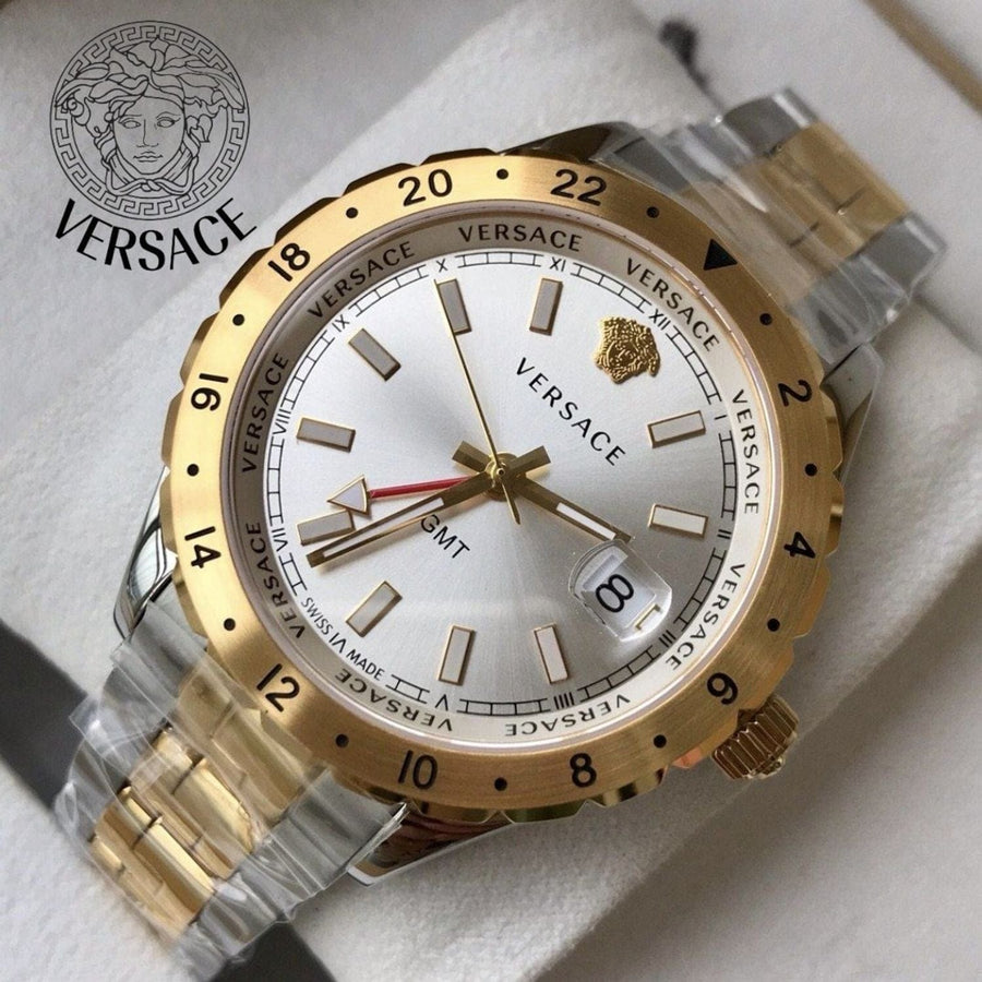Versace Hellenyium GMT Silver Dial Two Tone Steel Strap Watch for Men - V11030015