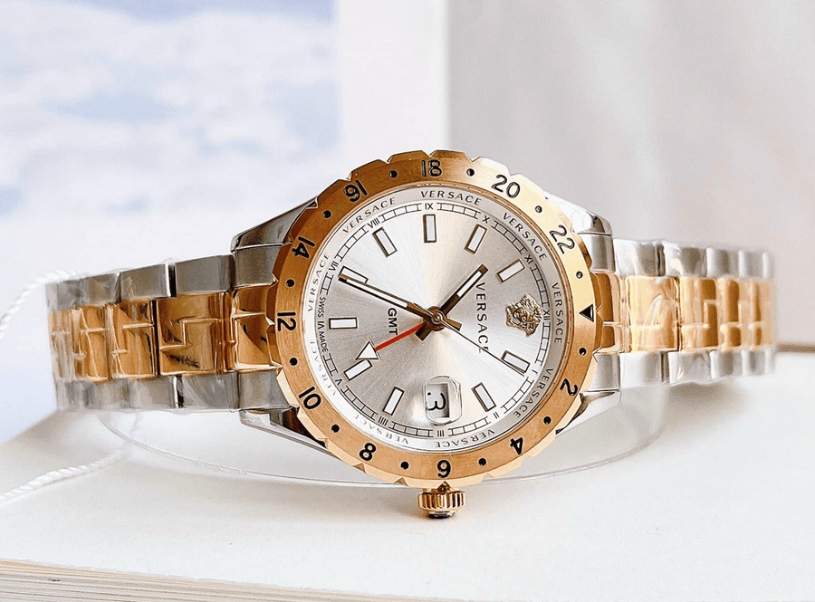 Versace Hellenyium GMT Silver Dial Two Tone Steel Strap Watch for Men - V11030015