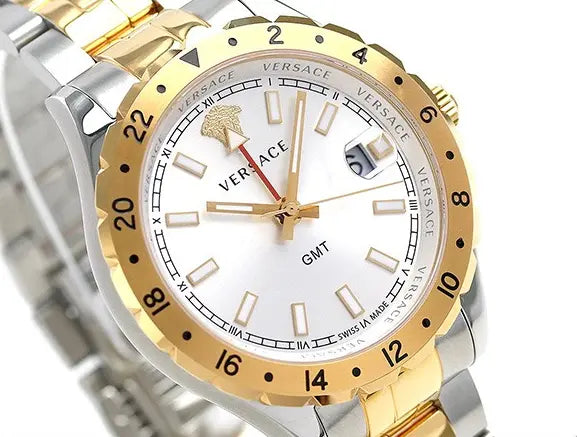Versace Hellenyium GMT Silver Dial Two Tone Steel Strap Watch for Men - V11030015