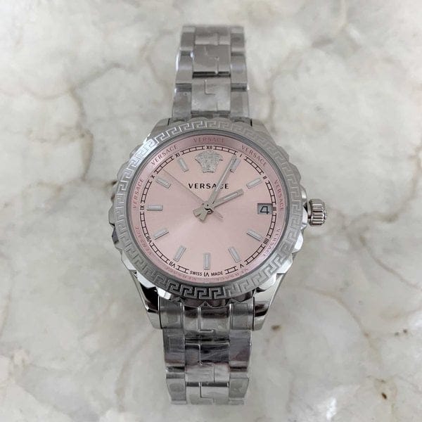 Versace Hellenyium Pink Dial Silver Steel Strap Watch for Women - V12010015
