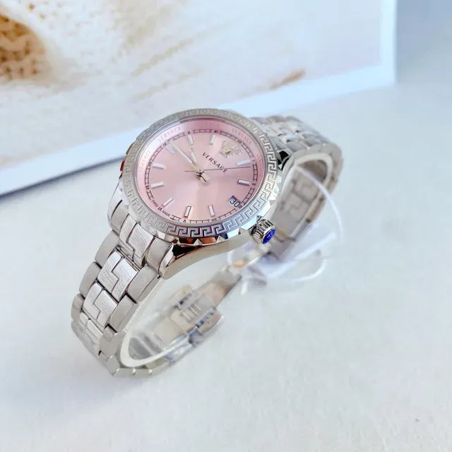 Versace Hellenyium Pink Dial Silver Steel Strap Watch for Women - V12010015