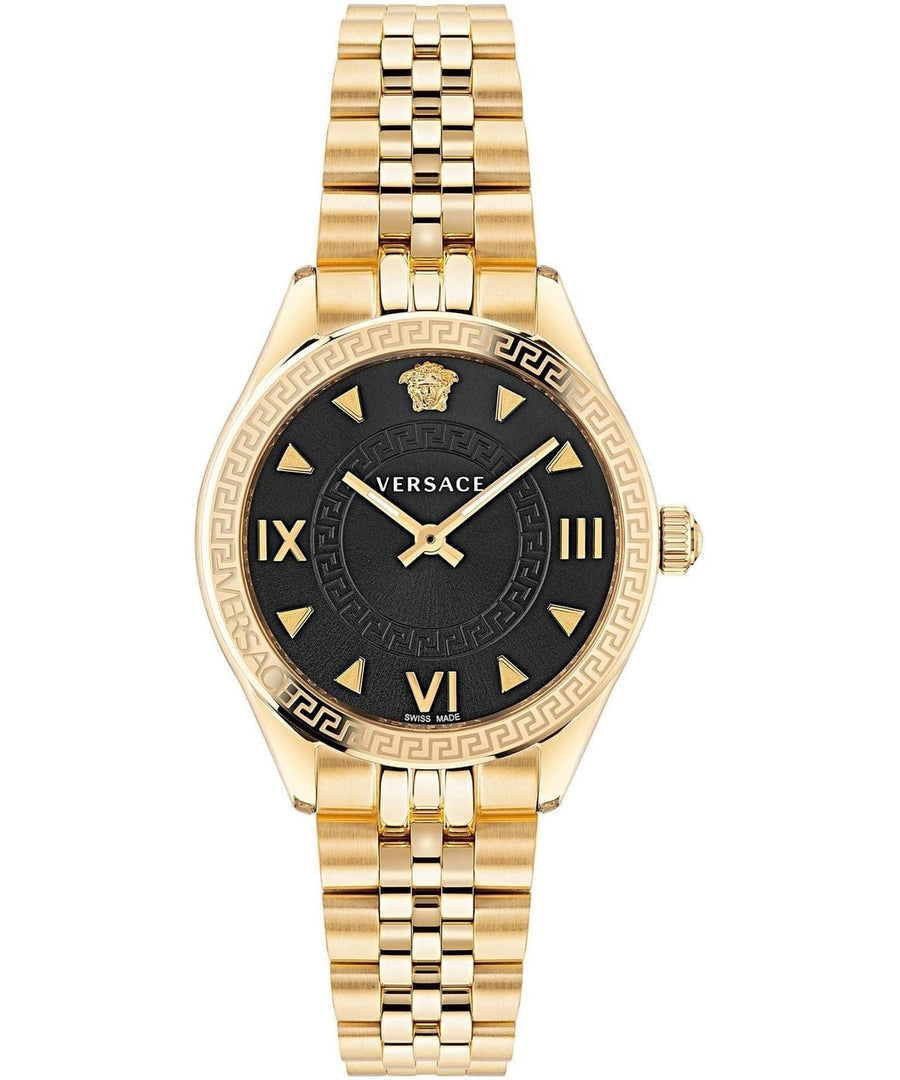 Versace Hellenyium Quartz Black Dial Gold Steel Strap Watch for Women - VE2S00622