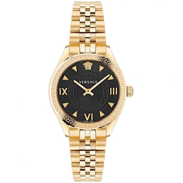 Versace Hellenyium Quartz Black Dial Gold Steel Strap Watch for Women - VE2S00622