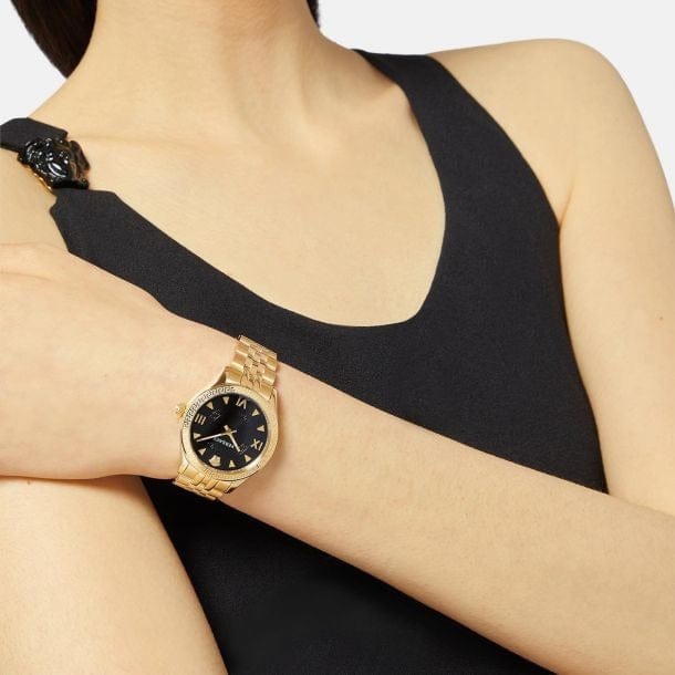 Versace Hellenyium Quartz Black Dial Gold Steel Strap Watch for Women - VE2S00622