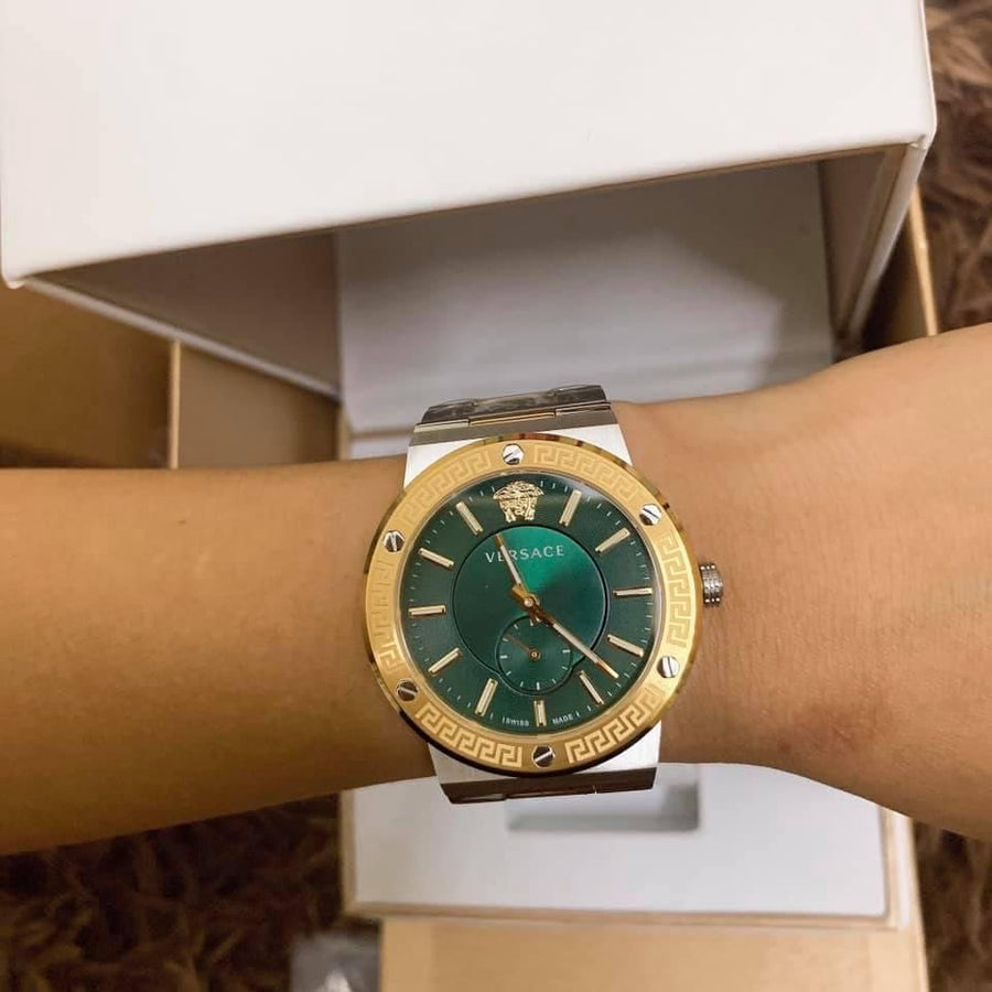 Versace Hellenyium Quartz Green Dial Silver Steel Strap Watch For Men - VEVK00420