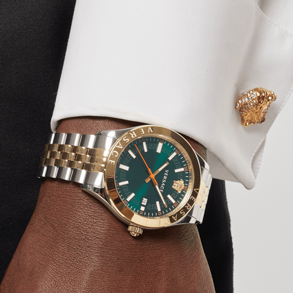Versace Hellenyium Quartz Green Dial Two Tone Steel Strap Watch For Men - VEVI00620