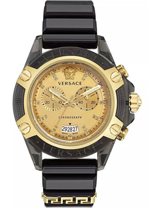 Versace Icon Active Chrono Gold Dial Black Silicone Strap Unisex Watch - VEZ701623
