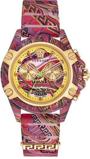 Versace Icon Active Chronograph Quartz Gold Dial Red Leather Strap Watch For Men - VEZ701222