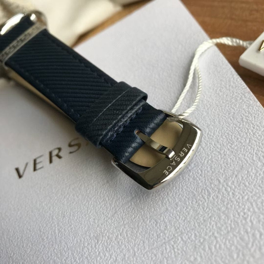Versace Manifesto Quartz Blue Dial Blue Leather Strap Watch For Men - VBQ01017