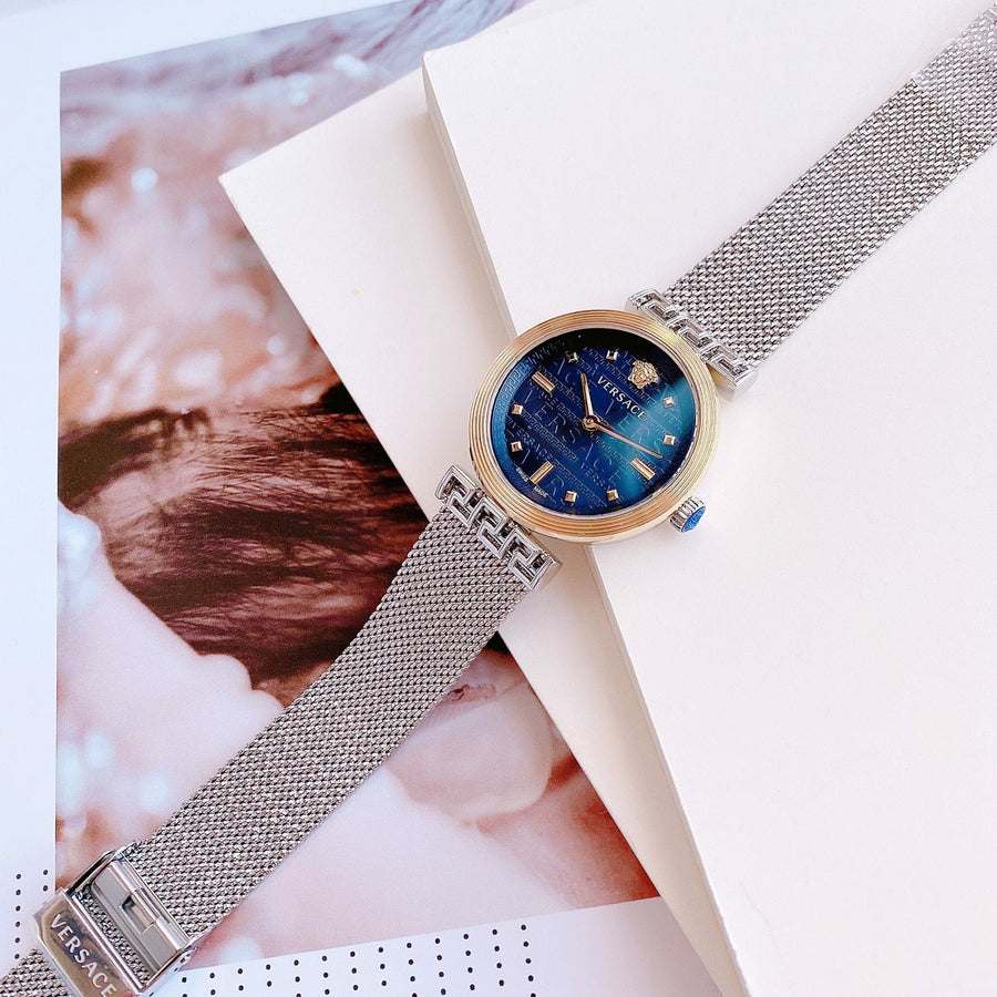 Versace Meander Blue Dial Silver Mesh Bracelet Watch for Women - VELW00520