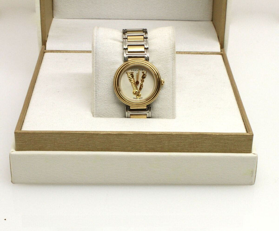 Versace Mini Virtus Quartz White Dial Gold Steel Strap Watch For Men - VET300221