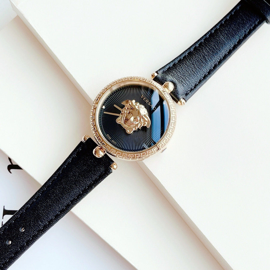 Versace Palazzo Empire Black Dial Black Leather Strap Watch for Women - VCO020017