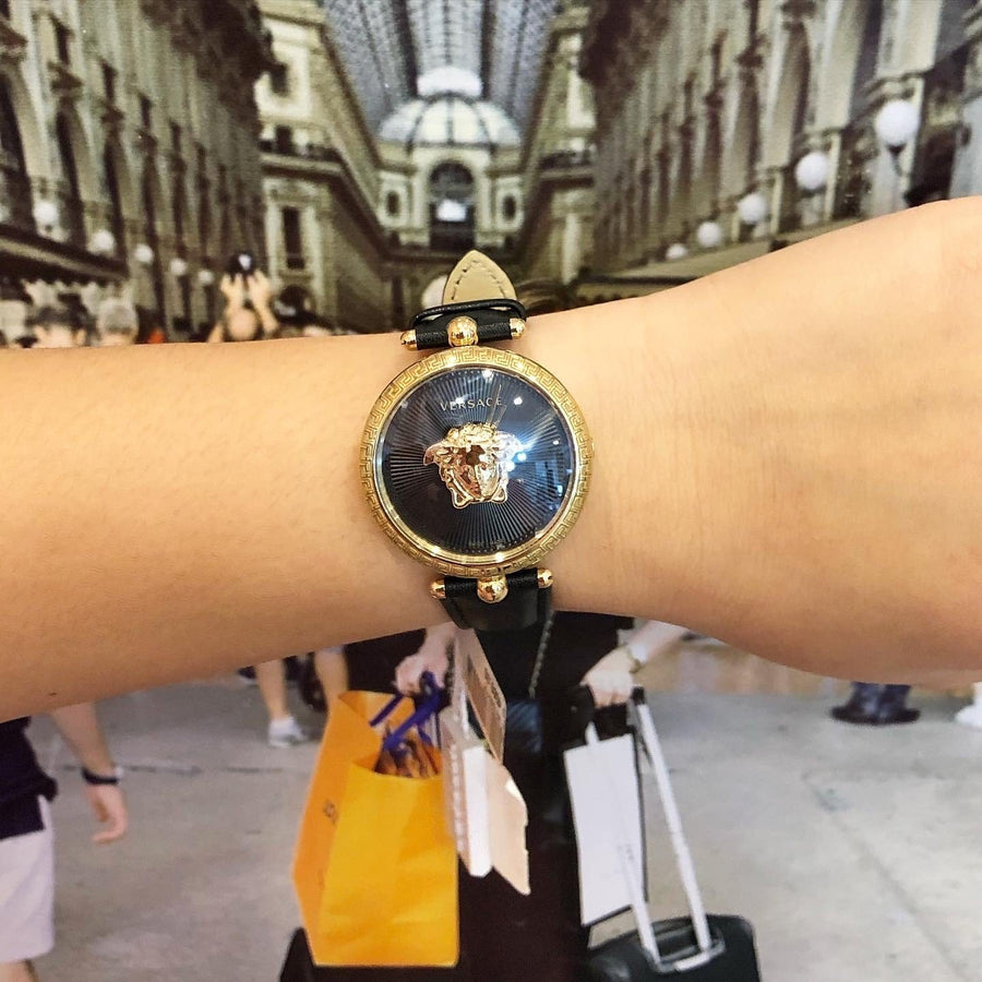 Versace Palazzo Empire Black Dial Black Leather Strap Watch for Women - VCO020017