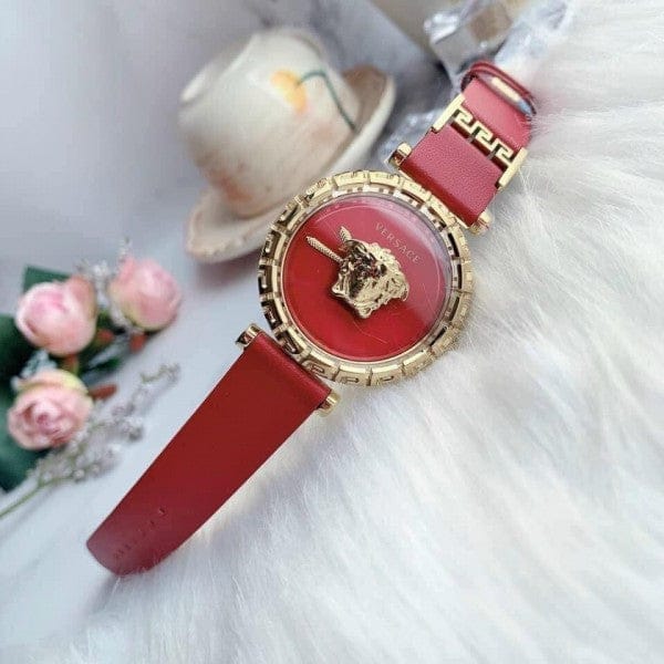 Versace Palazzo Empire Greca Red Dial Red Leather Strap Watch for Women - VEDV00319