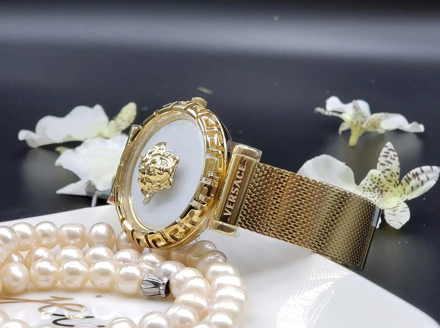 Versace Palazzo Empire Greca White Dial Gold Mesh Bracelet Watch for Women - VEDV00619