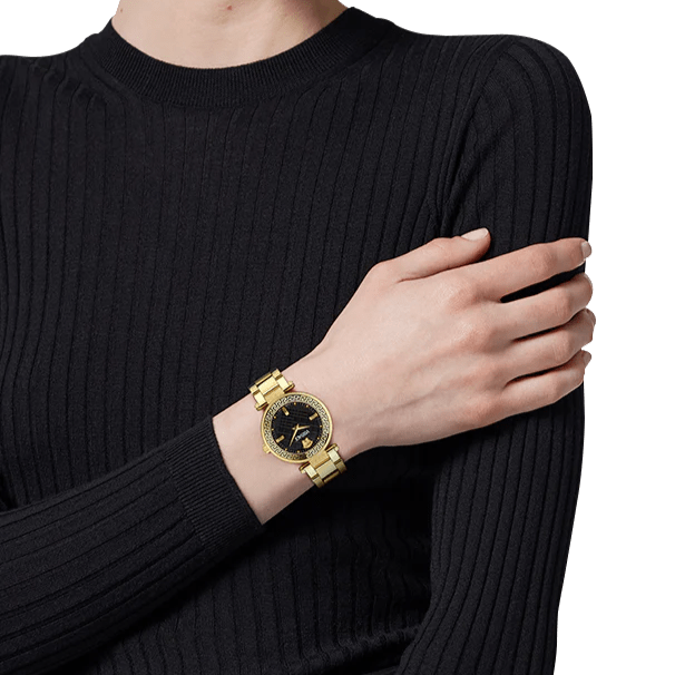 Versace Reve Analog Black Dial Gold Steel Strap Watch for Women - VE8B00624